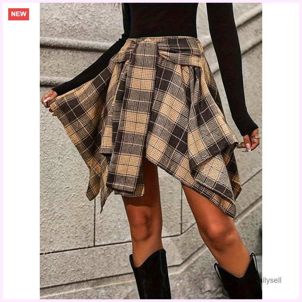 High Waisted Asymmetrical Hem Plaid Mini Skirt Elastic Waist A-Line Flared - Picture 2 of 4